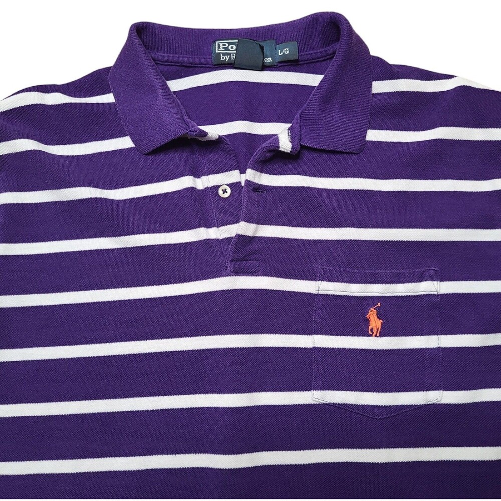 Polo Ralph Lauren Men's Shirt Size Large Purple w\ White Stripes & Orange Pony